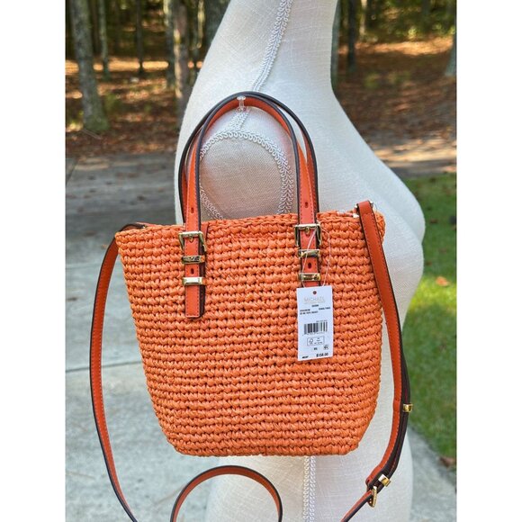 Michael Kors Quinn Extra Small North South Straw Tote Orange Punch 32S5GQNC0W - Picture 2 of 16